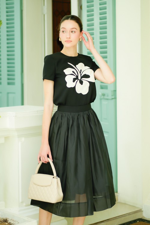 Sixdo Black Organza Flared Skirt